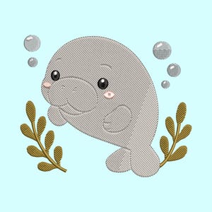 Cute Manatee Embroidery Design, Adorable Sea Cow with Bubbles and Leaves Art, Patch, Gift