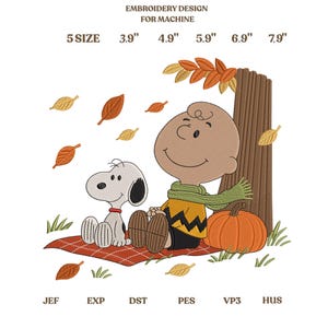 Peanuts Fall Embroidery Design, Charlie Brown and Snoopy Autumn Machine Embroidery File, Cute Cartoon Character Digital Download