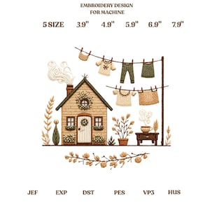 Pode incluir: Um design de bordado para máquina com uma casa com chaminé fumegante, um varal com roupas, uma mesa com uma xícara fumegante e talos de trigo. Texto: EMBROIDERY DESIGN FOR MACHINE, 5 SIZE, 3.9", 4.9", 5.9", 6.9", 7.9", JEF, EXP, DST, PES, VP3, HUS.