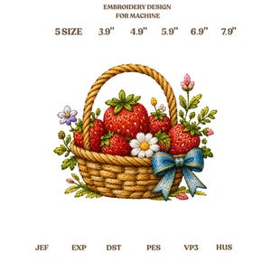 Strawberry Basket Embroidery Design, Cute Fruit in Woven Basket with Blue Bow Art, Patch, Gift
