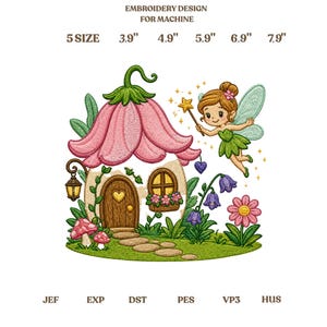 Lindo diseño de bordado de casa de hadas y setas, casita mágica de flores con duendecillo y estrellas.