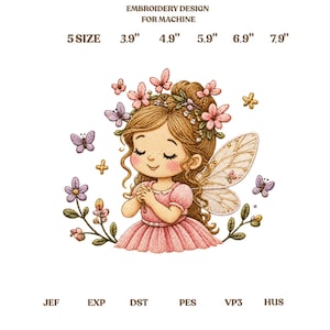 Puede incluir: Un diseño de bordado para máquina con una hada de cabello castaño claro, vestido rosa y alas, rodeada de flores y mariposas. Texto: EMBROIDERY DESIGN FOR MACHINE, 5 SIZE 3.9" 4.9" 5.9" 6.9" 7.9", JEF EXP DST PES VP3 HUS.
