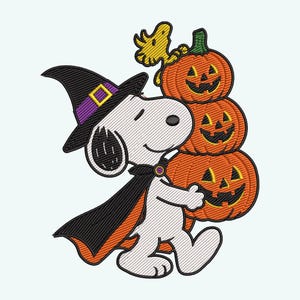 May include: An embroidered patch featuring a white beagle wearing a black witch hat with a purple band and a black cape, carrying a stack of three orange jack-o'-lanterns with carved faces, while a small yellow bird sits on the top pumpkin.