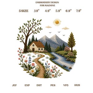 Può includere: Un disegno da ricamo per macchina raffigurante un paesaggio con casa, montagne, fiume, albero e fiori. Il testo recita: EMBROIDERY DESIGN FOR MACHINE, 5 SIZE, 3.9", 4.9", 5.9", 6.9", 7.9", JEF, EXP, DST, PES, VP3, HUS.