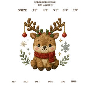 Cute Christmas Reindeer Embroidery Design, Adorable Holiday Deer with Scarf, Ornaments and Snowflakes Art