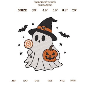 Cute Witch Ghost Embroidery Design, Halloween Machine Embroidery File, Spooky Season Digital Download, Pumpkin Lollipop Fall Clipart