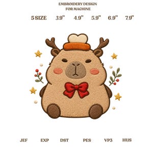May include: An embroidery design for machine featuring a tan capybara wearing an orange hat and a red bow tie. The design includes small yellow stars, red berries, and green leaves. Text indicates 5 sizes: 3.9", 4.9", 5.9", 6.9", 7.9" and file formats JEF, EXP, DST, PES, VP3, HUS.