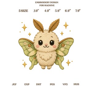 May include: An embroidery design for machine featuring a fluffy cream-coloured moth with large dark eyes, pink cheeks, and light green wings. Text reads: EMBROIDERY DESIGN FOR MACHINE, 5 SIZE, 3.9", 4.9", 5.9", 6.9", 7.9", JEF, EXP, DST, PES, VP3, HUS.