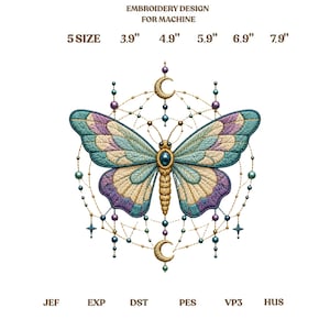 May include: An embroidery design for machine featuring a central butterfly with teal, purple, and cream wings. The butterfly is surrounded by a geometric web with hanging beads, stars, and crescent moons. Text includes EMBROIDERY DESIGN FOR MACHINE, 5 SIZE 3.9" 4.9" 5.9" 6.9" 7.9", and file formats JEF, EXP, DST, PES, VP3, HUS.