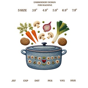 Pode incluir: Design de bordado para máquina com uma panela azul com padrões florais e um coração vermelho, rodeada por cenouras, cogumelos, uma cebola, alho-poró e batatas. Texto: EMBROIDERY DESIGN FOR MACHINE, 5 SIZE 3.9" 4.9" 5.9" 6.9" 7.9", JEF, EXP, DST, PES, VP3, HUS.