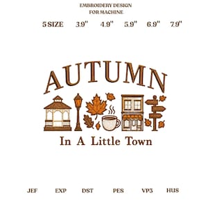 Stickmuster „Herbst in einer Kleinstadt“, niedliche Herbstlandschaft mit Pavillon, Kaffee- und Ahornblättern