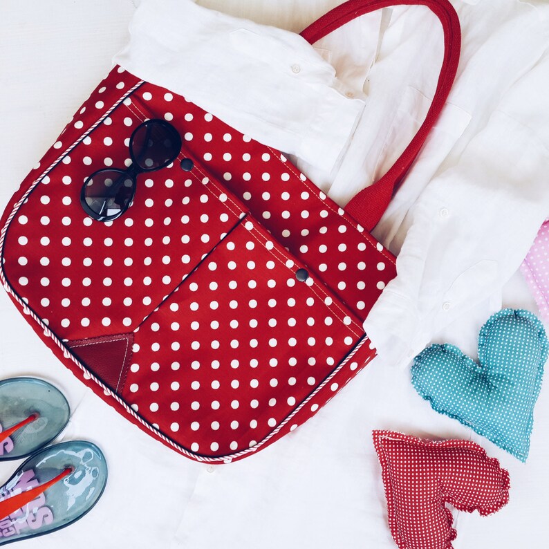 Polka Dot Tote Bag Market Beach Bag Red White Dotty Retro Bag Shoulder Bag Large Purse