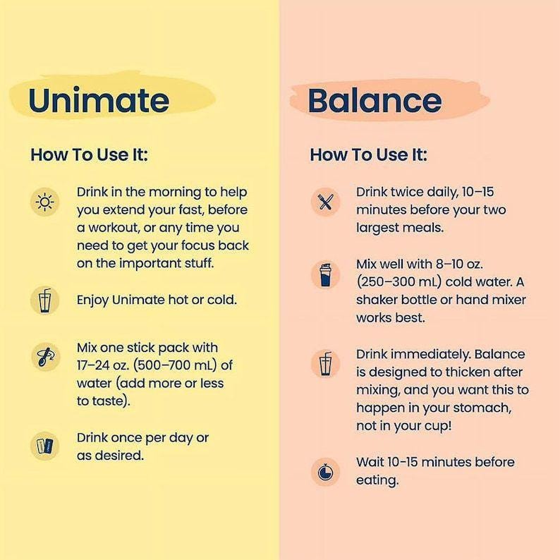 Op de afbeelding: Een informatieve afbeelding verdeeld in twee kolommen, geel voor Unimate en perzik voor Balance. Elke sectie bevat instructies met iconen: Unimate suggereert het mengen van een stick met 500-700 ml water, Balance met 250-300 ml water.