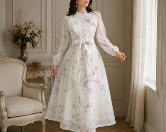 Floral Maxi Dress, Cottagecore Long Sleeve, Vintage Boho A-Line, Elegant Party Spring