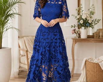 Floral Lace Midi Dress | Elegant Party, Wedding Guest, Cocktail Evening Wear