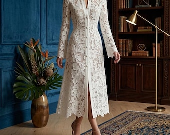 White Lace Midi Dress with Button Front, Sheer Sleeves, Gothic Chic Evening Wear