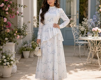 White Floral Maxi Dress | Blue Botanical Print, High Neck Ruffle, Long Sleeve Cottagecore Style