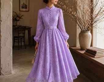 Lavender Lace Maxi Dress, Long Sleeve Vintage, Modest Cottagecore, A-Line Party