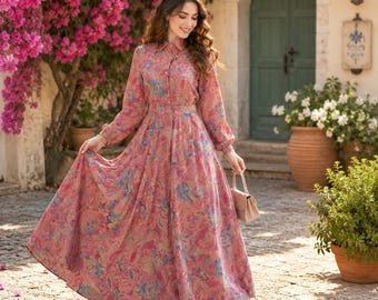 Paisley Maxi Dress | Feminine Long Sleeve Button-Front Dress with Flattering Waist & Flowing A-Line Skirt