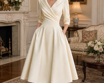 Elegant Vintage A-Line Midi Dress, Wrap Bodice, Lapel Collar, Long Sleeve Evening Party Dress