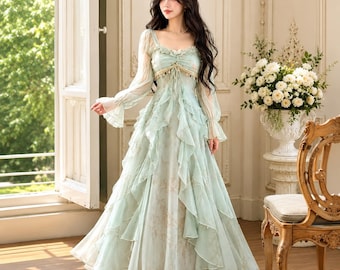 Mint Green Ruffle Maxi Dress, Cottagecore Fairycore Gown, Puff Sleeve Tulle Gown