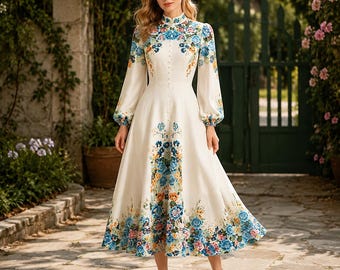 Classic Muse Floral Midi Dress – Architectural A-Line Silhouette with Vintage Botanical Print