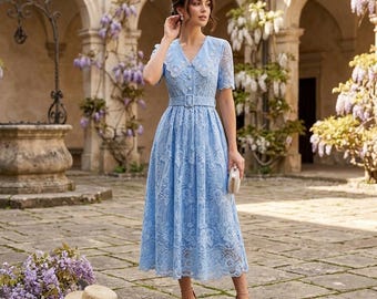 Floral Lace Midi Dress, Vintage A-Line Tea Dress, Elegant Wedding Guest Attire