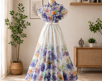 Floral Maxi Dress, Ruffle Sleeve, Button Front, Vintage Inspired Garden Party Style