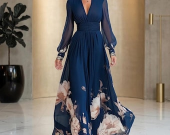 White Floral Maxi Dress, Boho V-Neck Chiffon A-Line Garden Party Gown