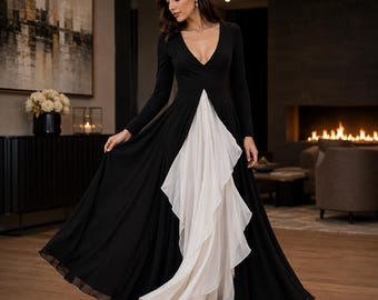 Black White Chiffon Maxi Dress, Deep V Neck Formal Gown, Flowing Wedding Guest