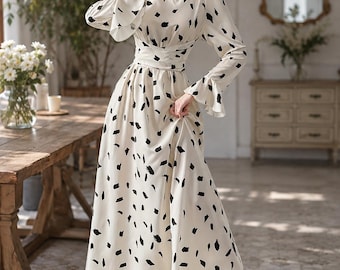 Women's Abstract Dot Print Maxi Dress, High Neck Flare Sleeve A-Line Casual Spring Summer