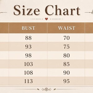 May include: A rectangular size chart with a brown header and alternating light beige rows. The text reads Size Chart, Size, Bust, Waist, and Hip. It lists sizes S through XXXL with corresponding numerical measurements for bust, waist, and hip.