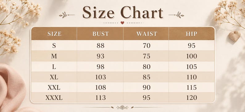 May include: A rectangular size chart with a brown header and alternating light beige rows. The text reads Size Chart, Size, Bust, Waist, and Hip. It lists sizes S through XXXL with corresponding numerical measurements for bust, waist, and hip.