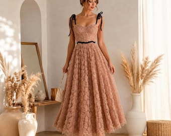 Dusty Rose 3D Rosette Lace Midi Dress, Sweetheart Neckline A-Line, Romantic Wedding Guest