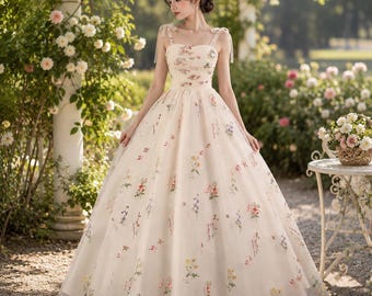 Floral Embroidered Tulle Maxi Dress, Cottagecore Fairy Wedding Guest Gown