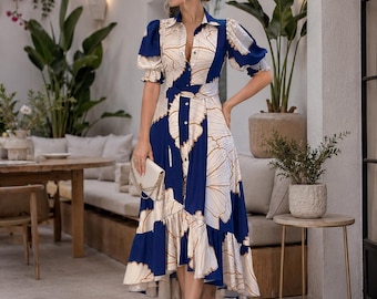 Blue Floral Midi Dress – Button Down Belted Summer Vacation Boho Chic Feminine Style