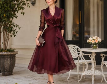 Elegant Satin Midi Dress, Notched Collar Wrap Dress, Sheer Mesh Sleeve Dress, Tie Waist Bow Dress, A Line Cocktail Party Dress