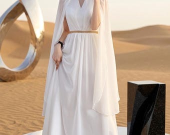 White Greek Goddess Maxi Dress with Cape Sleeves | Elegant Chiffon Evening Gown