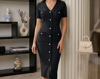 Fitted Button Front Midi Dress: Vintage Inspired Knit Office Outfit