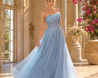 Custom Dusty Blue Tulle Ball Gown, Strapless Beaded Evening Dress, Princess Formal Gown