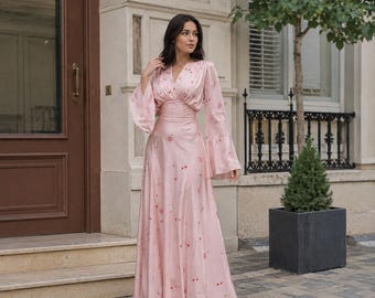 Elegant Floral Maxi Dress, Long Sleeve V-Neck, Romantic Occasion Wear