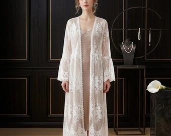 Boho Lace Bridal Robe | Beach Cover Up | Sheer Embroidered Kimono | Honeymoon Lingerie Robe