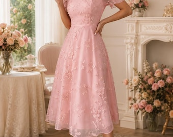 Pink Floral Embroidered Midi Dress, Puff Sleeve, Square Neck, A-Line, Romantic Style