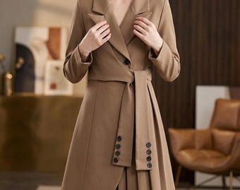 Elegant Tailored Coat Dress for Women, Belted Blazer Dress, Structured Minimalist Outfit