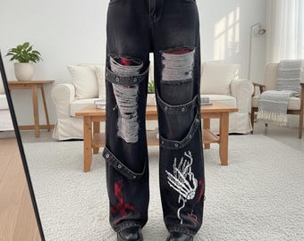 Jeansy z szerokimi nogawkami w stylu gotyckim z nadrukiem szkieletu: Y2K Punk Grunge Baggy Denim Alt Clothing
