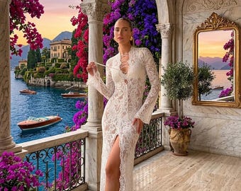 Boho Lace Wedding Dress, Long Sleeve Bell Sleeves, Deep V Lace Up Gown