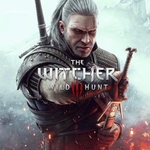 Könnte beinhalten: Werbebild für das Videospiel "The Witcher 3: Wild Hunt". Das Bild zeigt einen Mann mit weißem Haar, der ein Schwert hält. Der Titel des Spiels wird mit einem roten Krallendesign angezeigt.