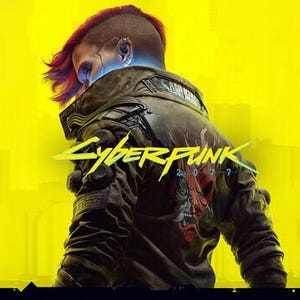 May include: Cyberpunk 2077 promotional image. A character with a mohawk and leather jacket is set against a yellow background. The game's logo is in yellow and green. The background features a cityscape.