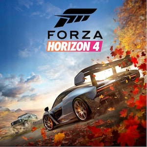 May include: The Forza Horizon 4 game cover shows a blue sports car racing on a road, with a green off-road vehicle in the background. The sky is blue with clouds, and the scene is surrounded by autumn leaves. The game's logo is at the top.