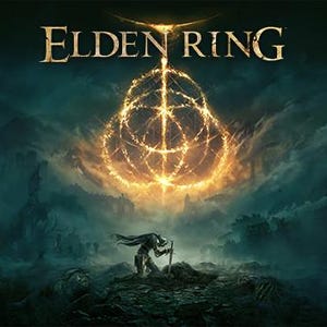 Op de afbeelding: De cover van de Elden Ring-videogame toont de titel in gouden letters boven een gloeiend, cirkelvormig symbool. Een eenzame figuur knielt op een rotsachtig oppervlak, geëvacueerd tegen een donker, sfeervol landschap met een bewolkte lucht.